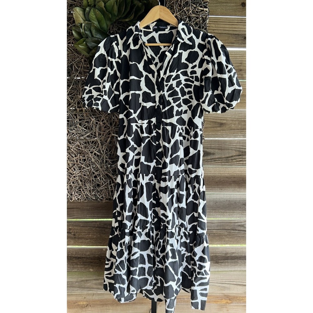 Zara Midi Shirt Dress Medium Black White Cotton